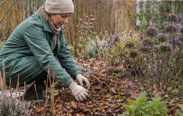 Person verteilt eine schützende Mulchschicht zwischen winterlichen Stauden; Thema Anleitungen, Schwerpunkt Ratgeber; Umsetzung.