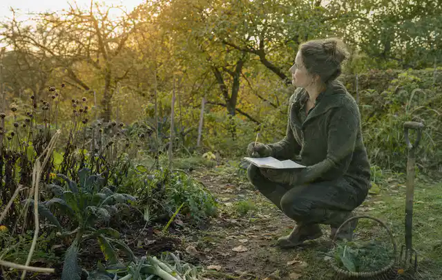 Person plant saisonale Gartenarbeiten mit Notizen an einem Gartentisch; Thema Anleitungen, Schwerpunkt Ratgeber; Ergebnis.