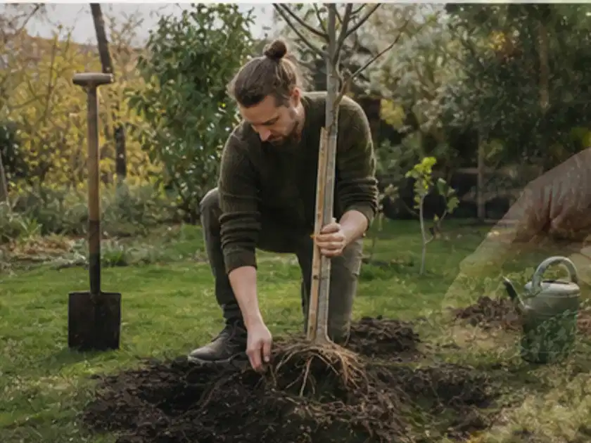 Person setzt einen jungen Zierbaum in ein vorbereitetes Pflanzloch im Garten; Thema Apfelbäume, Schwerpunkt Anbau; Titelbild.