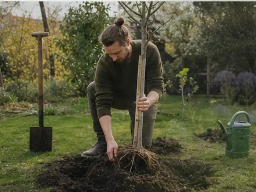 Person setzt einen jungen Zierbaum in ein vorbereitetes Pflanzloch im Garten; Thema Apfelbäume, Schwerpunkt Aussaat; Titelbild.