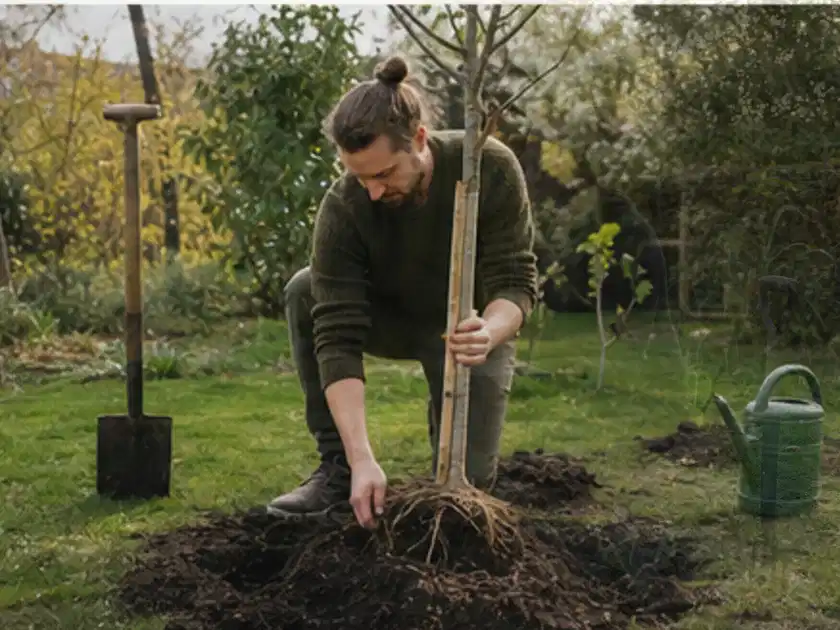 Person setzt einen jungen Zierbaum in ein vorbereitetes Pflanzloch im Garten; Thema Apfelbäume, Schwerpunkt Balkongarten; Titelbild.
