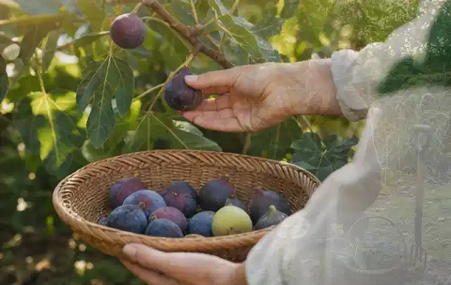 Hand pflückt eine reife Feige über einem flachen Korb mit Früchten; Thema Apfelbäume, Schwerpunkt Einsteigerwissen; Kontrolle.