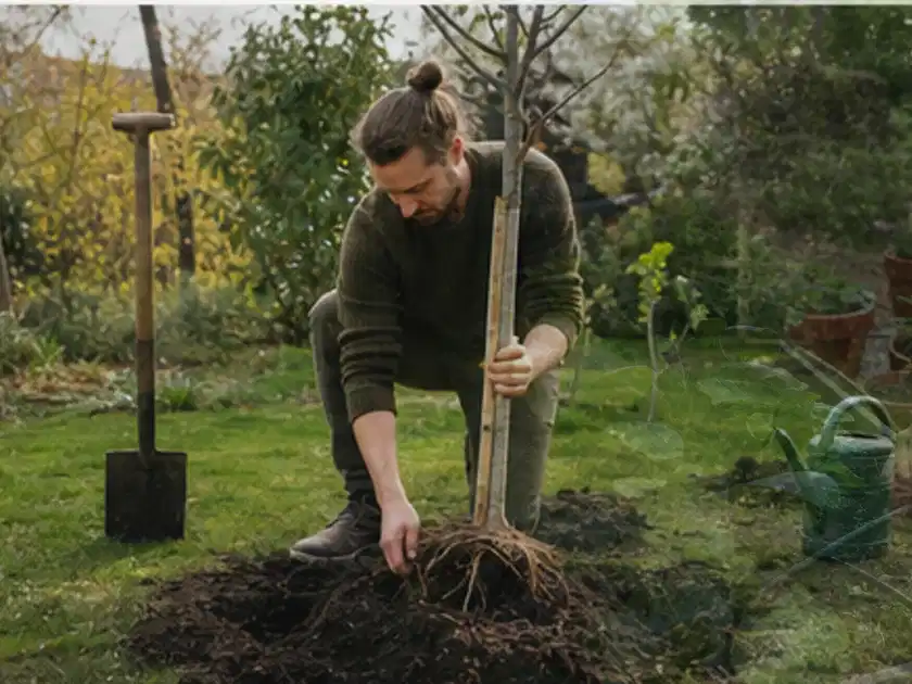 Person setzt einen jungen Zierbaum in ein vorbereitetes Pflanzloch im Garten; Thema Apfelbäume, Schwerpunkt Ernte; Titelbild.
