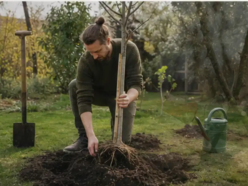 Person setzt einen jungen Zierbaum in ein vorbereitetes Pflanzloch im Garten; Thema Apfelbäume, Schwerpunkt Fehlerhilfe; Titelbild.