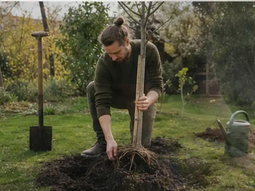 Person setzt einen jungen Zierbaum in ein vorbereitetes Pflanzloch im Garten; Thema Apfelbäume, Schwerpunkt Gesundheit; Titelbild.