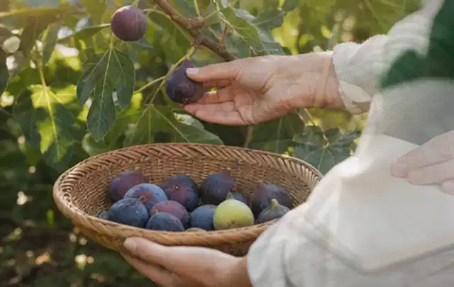 Hand pflückt eine reife Feige über einem flachen Korb mit Früchten; Thema Apfelbäume, Schwerpunkt Gesundheit; Ergebnis.