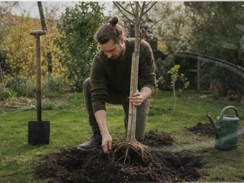 Person setzt einen jungen Zierbaum in ein vorbereitetes Pflanzloch im Garten; Thema Apfelbäume, Schwerpunkt Hochbeet; Titelbild.