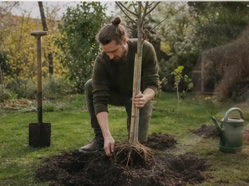 Person setzt einen jungen Zierbaum in ein vorbereitetes Pflanzloch im Garten; Thema Apfelbäume, Schwerpunkt Lagerung; Titelbild.