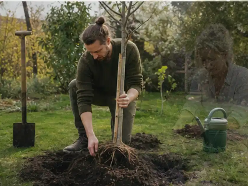 Person setzt einen jungen Zierbaum in ein vorbereitetes Pflanzloch im Garten; Thema Apfelbäume, Schwerpunkt Nährstoffe; Titelbild.