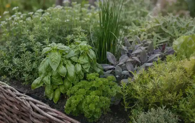 Dichtes Hochbeet mit Basilikum Schnittlauch Petersilie Salbei und weiteren Küchenkräutern; Thema Apfelbäume, Schwerpunkt Obst; Ergebnis.