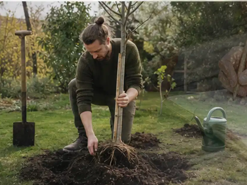Person setzt einen jungen Zierbaum in ein vorbereitetes Pflanzloch im Garten; Thema Apfelbäume, Schwerpunkt Pflanzung; Titelbild.