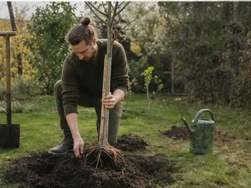 Person setzt einen jungen Zierbaum in ein vorbereitetes Pflanzloch im Garten; Thema Apfelbäume, Schwerpunkt Schnitt; Titelbild.