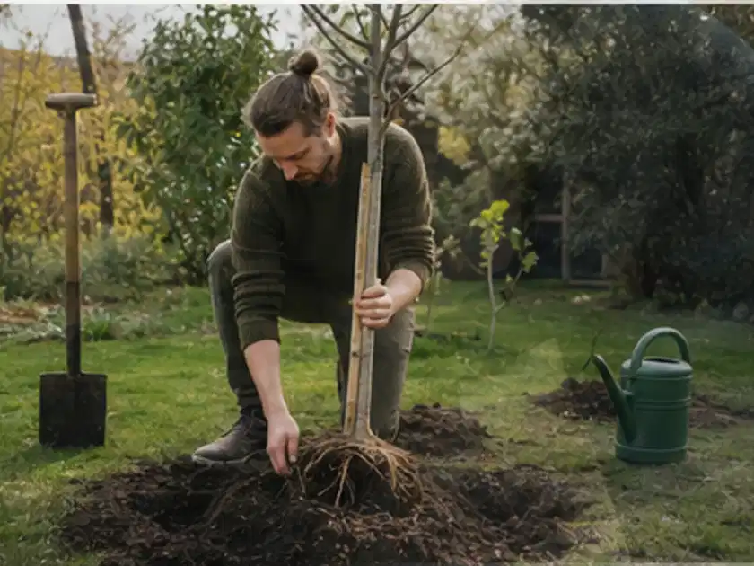 Person setzt einen jungen Zierbaum in ein vorbereitetes Pflanzloch im Garten; Thema Apfelbäume, Schwerpunkt Standort; Titelbild.