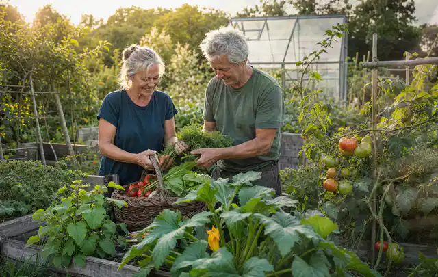 Zwei Personen ernten gemeinsam Gemüse in einem sonnigen Nutzgarten; Thema Aprikosen, Schwerpunkt Boden; Umsetzung.