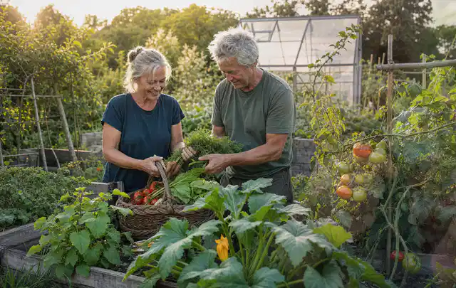 Zwei Personen ernten gemeinsam Gemüse in einem sonnigen Nutzgarten; Thema Aprikosen, Schwerpunkt Ernteprobleme; Ausgangslage.