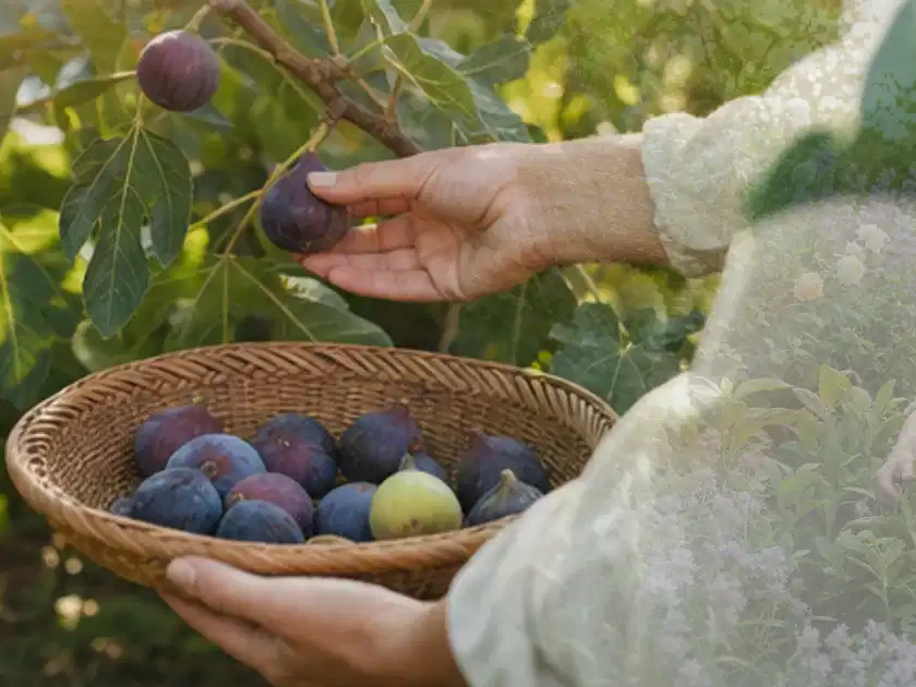 Hand pflückt eine reife Feige über einem flachen Korb mit Früchten; Thema Aprikosen, Schwerpunkt Hochbeet; Titelbild.