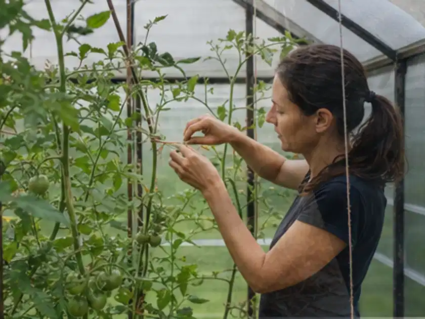 Person bindet junge Tomatentriebe in einem privaten Gewächshaus vorsichtig an; Thema Aprikosen, Schwerpunkt Sortenwahl; Titelbild.