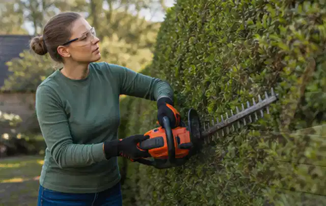 Person schneidet eine dichte Gartenhecke mit Schutzbrille und sicherem Stand; Thema Astscheren, Schwerpunkt Anwendung; Praxisalltag.