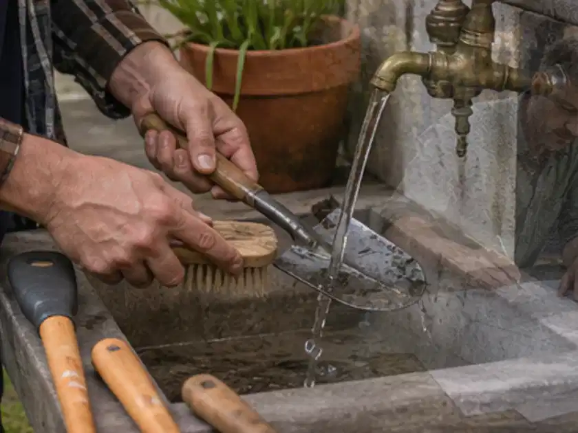 Hände reinigen gebrauchte Gartengeräte mit Bürste und Wasser am Außenbecken; Thema Astscheren, Schwerpunkt Bestenliste; Titelbild.