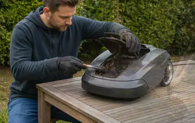Person wartet einen geöffneten Mähroboter auf einem stabilen Gartentisch; Thema Astscheren, Schwerpunkt Bestenliste; Ergebnis.