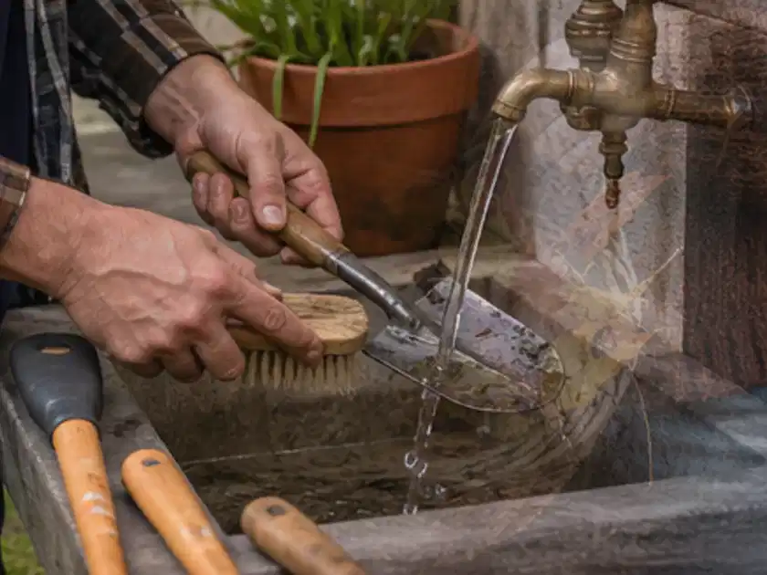 Hände reinigen gebrauchte Gartengeräte mit Bürste und Wasser am Außenbecken; Thema Astscheren, Schwerpunkt Checkliste; Titelbild.