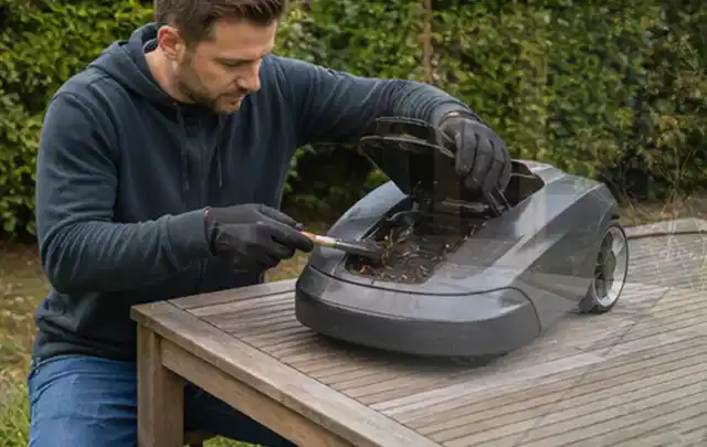 Person wartet einen geöffneten Mähroboter auf einem stabilen Gartentisch; Thema Astscheren, Schwerpunkt Checkliste; Ergebnis.