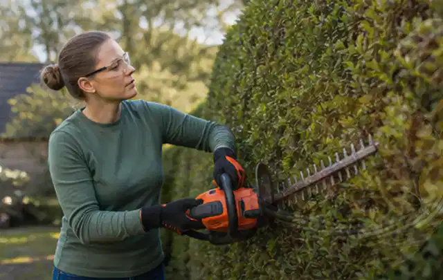 Person schneidet eine dichte Gartenhecke mit Schutzbrille und sicherem Stand; Thema Astscheren, Schwerpunkt Dimensionierung; Ergebnis.