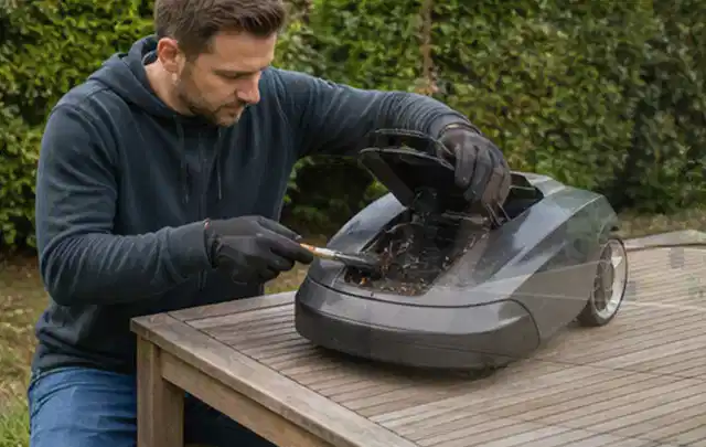 Person wartet einen geöffneten Mähroboter auf einem stabilen Gartentisch; Thema Astscheren, Schwerpunkt Ersatzteile; Ergebnis.