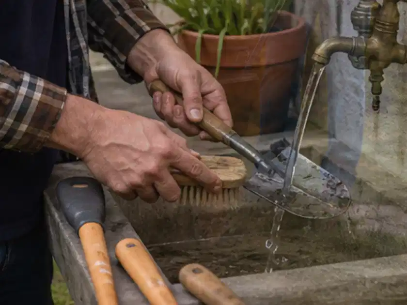 Hände reinigen gebrauchte Gartengeräte mit Bürste und Wasser am Außenbecken; Thema Astscheren, Schwerpunkt Fehlerhilfe; Titelbild.