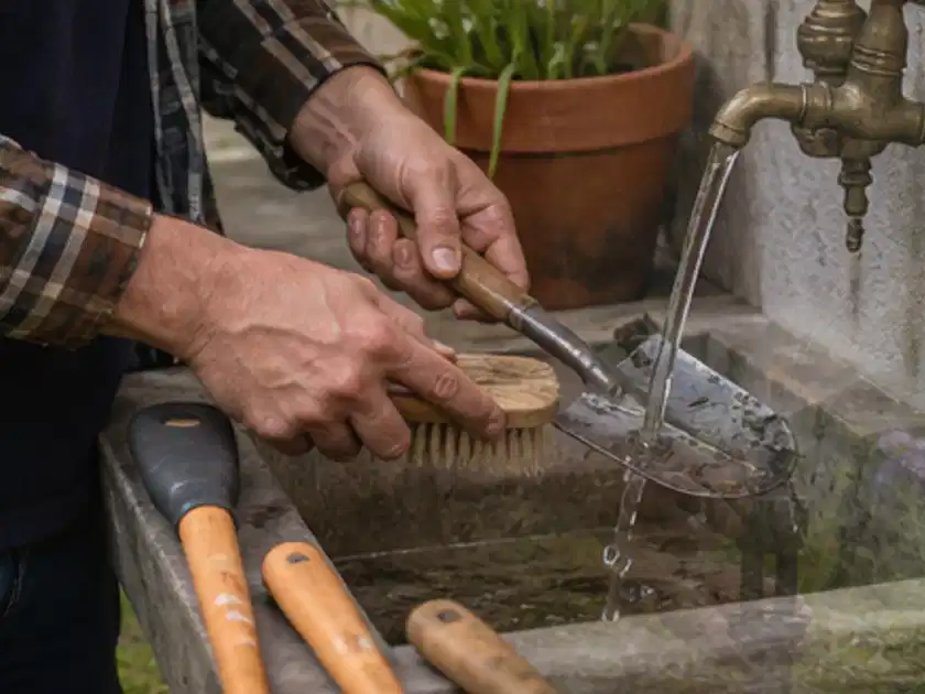 Hände reinigen gebrauchte Gartengeräte mit Bürste und Wasser am Außenbecken; Thema Astscheren, Schwerpunkt Gärten mit großer Fläche; Titelbild.