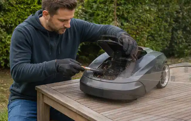 Person wartet einen geöffneten Mähroboter auf einem stabilen Gartentisch; Thema Astscheren, Schwerpunkt Gärten mit kleiner Fläche; Kontrolle.