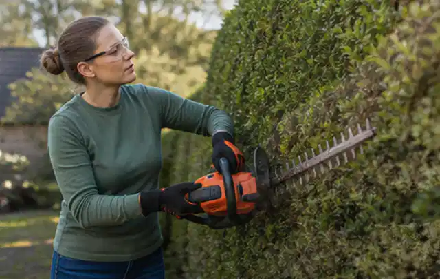 Person schneidet eine dichte Gartenhecke mit Schutzbrille und sicherem Stand; Thema Astscheren, Schwerpunkt Gartengeräte; Umsetzung.