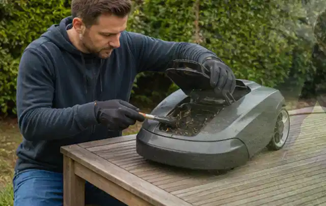 Person wartet einen geöffneten Mähroboter auf einem stabilen Gartentisch; Thema Astscheren, Schwerpunkt Kaufberatung; Ausgangslage.