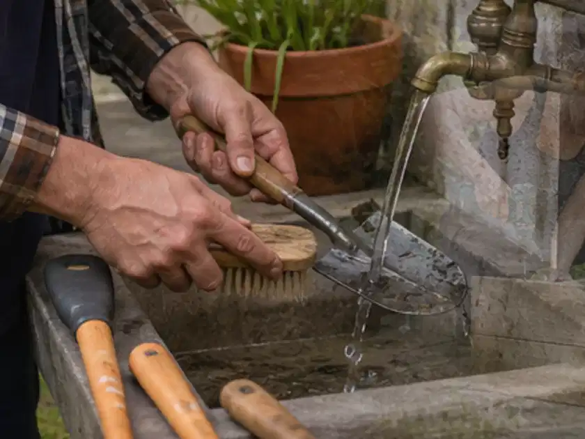 Hände reinigen gebrauchte Gartengeräte mit Bürste und Wasser am Außenbecken; Thema Astscheren, Schwerpunkt Kosten; Titelbild.
