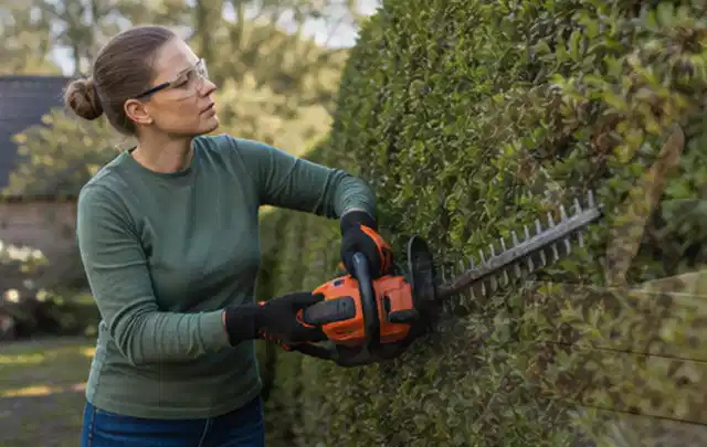 Person schneidet eine dichte Gartenhecke mit Schutzbrille und sicherem Stand; Thema Astscheren, Schwerpunkt Kosten; Ausgangslage.