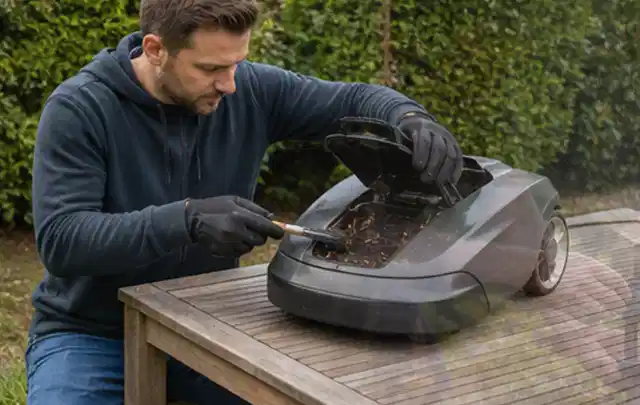 Person wartet einen geöffneten Mähroboter auf einem stabilen Gartentisch; Thema Astscheren, Schwerpunkt Leistung; Ausgangslage.