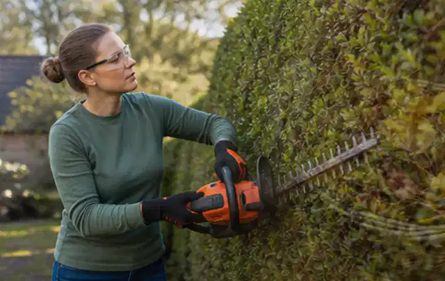 Person schneidet eine dichte Gartenhecke mit Schutzbrille und sicherem Stand; Thema Astscheren, Schwerpunkt Leistung; Kontrolle.