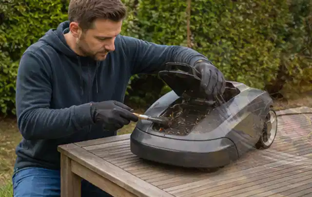 Person wartet einen geöffneten Mähroboter auf einem stabilen Gartentisch; Thema Astscheren, Schwerpunkt Reinigung; Ausgangslage.