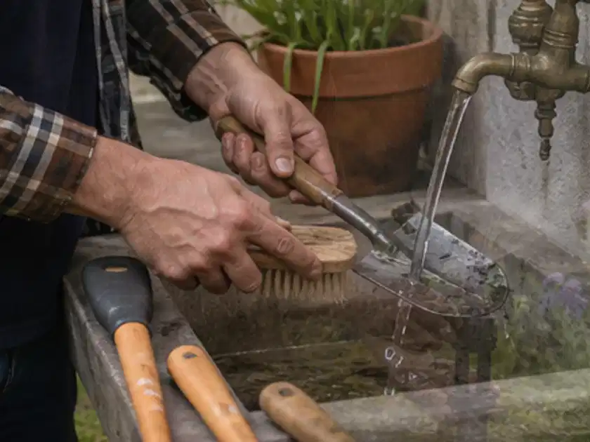 Hände reinigen gebrauchte Gartengeräte mit Bürste und Wasser am Außenbecken; Thema Astscheren, Schwerpunkt Reparatur; Titelbild.
