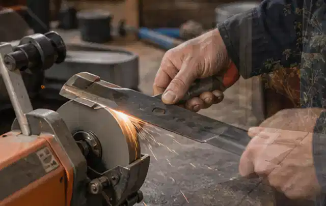 Person schärft ein ausgebautes Rasenmähermesser an einer Werkbank; Thema Astscheren, Schwerpunkt Reparatur; Umsetzung.