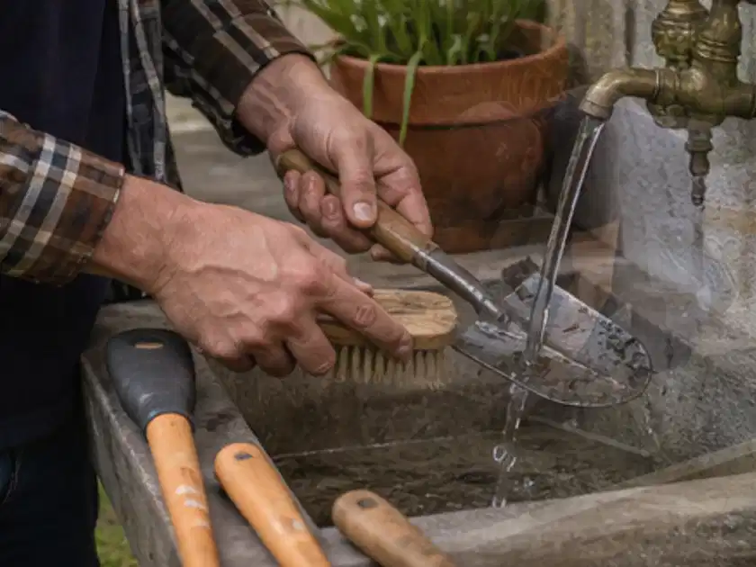 Hände reinigen gebrauchte Gartengeräte mit Bürste und Wasser am Außenbecken; Thema Astscheren, Schwerpunkt Systemvergleich; Titelbild.