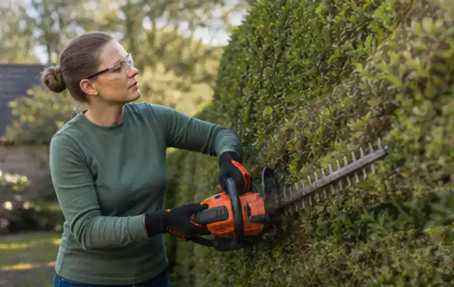 Person schneidet eine dichte Gartenhecke mit Schutzbrille und sicherem Stand; Thema Astscheren, Schwerpunkt Wartung; Praxisalltag.