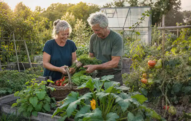Zwei Personen ernten gemeinsam Gemüse in einem sonnigen Nutzgarten; Thema Auberginen, Schwerpunkt Balkongarten; Praxisalltag.