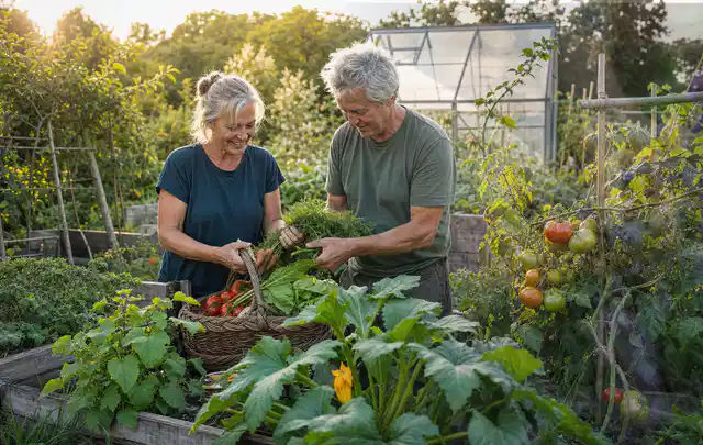 Zwei Personen ernten gemeinsam Gemüse in einem sonnigen Nutzgarten; Thema Auberginen, Schwerpunkt Ernte; Ergebnis.