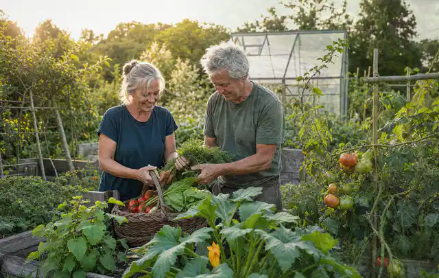 Zwei Personen ernten gemeinsam Gemüse in einem sonnigen Nutzgarten; Thema Auberginen, Schwerpunkt Gesundheit; Ausgangslage.