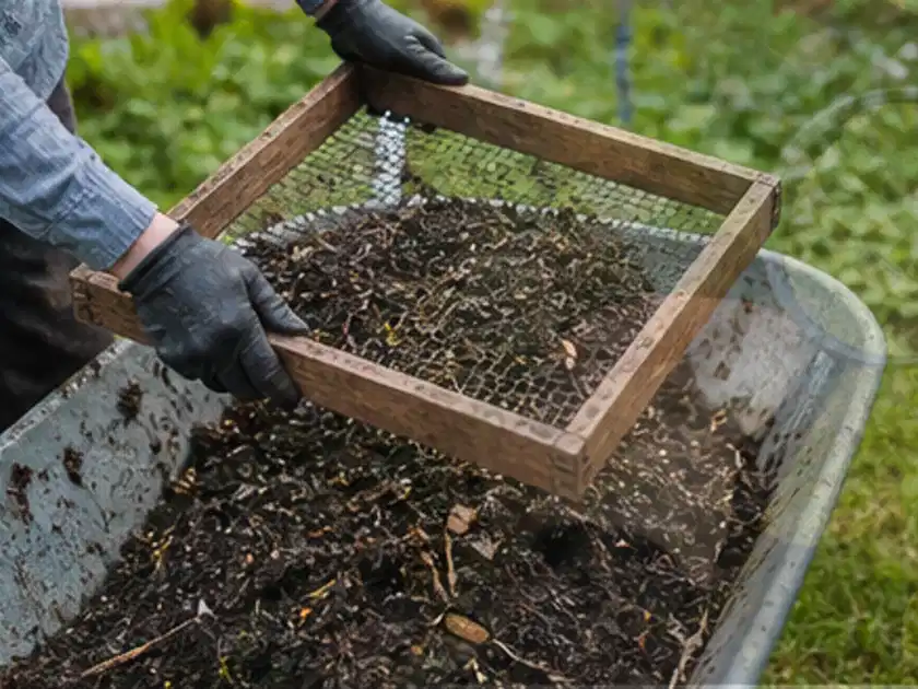 Behandschuhte Hände sieben reifen Kompost über einer Gartenschubkarre; Thema Auberginen, Schwerpunkt Lagerung; Titelbild.