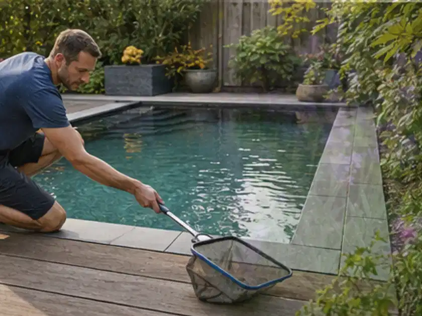 Person entfernt Blätter mit einem Kescher aus einem kleinen Gartenpool; Thema Aufstellpools, Schwerpunkt Anwendung; Titelbild.