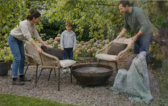 Familie stellt wetterfeste Sessel an einem geschützten Sitzplatz im Garten auf; Thema Aufstellpools, Schwerpunkt Anwendung; Ausgangslage.