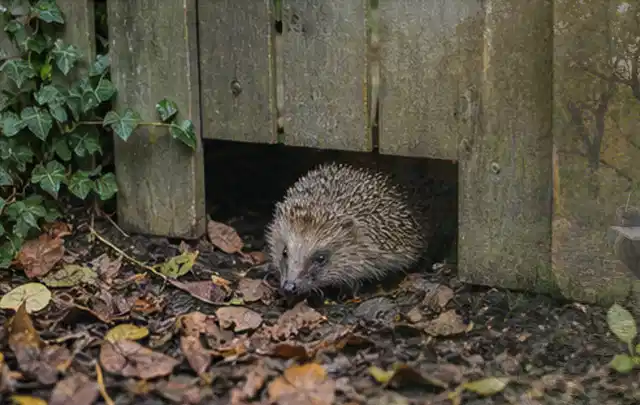 Igel nutzt einen bodennahen Durchgang unter einem hölzernen Gartenzaun; Thema Aufstellpools, Schwerpunkt Anwendung; Umsetzung.