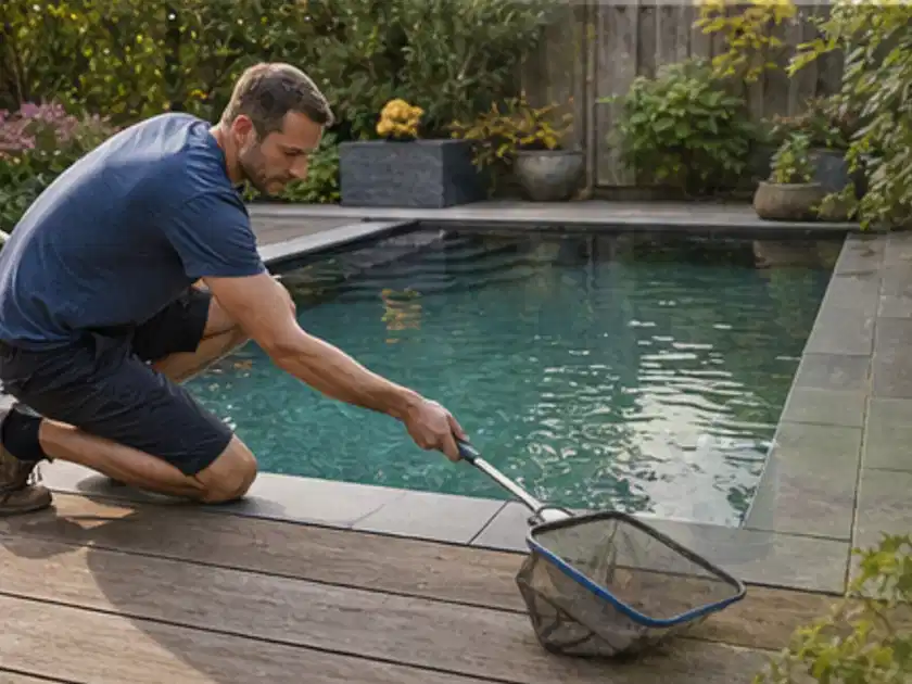 Person entfernt Blätter mit einem Kescher aus einem kleinen Gartenpool; Thema Aufstellpools, Schwerpunkt Checkliste; Titelbild.